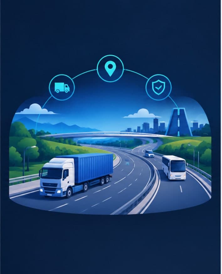 Illustration of trucks and a bus on a monitored highway